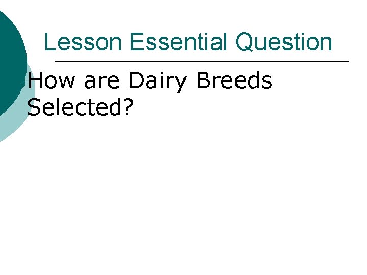 Lesson Essential Question ¡How are Dairy Breeds Selected? 