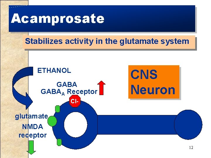 Acamprosate Stabilizes activity in the glutamate system ETHANOL GABAA Receptor CNS Neuron Cl- glutamate