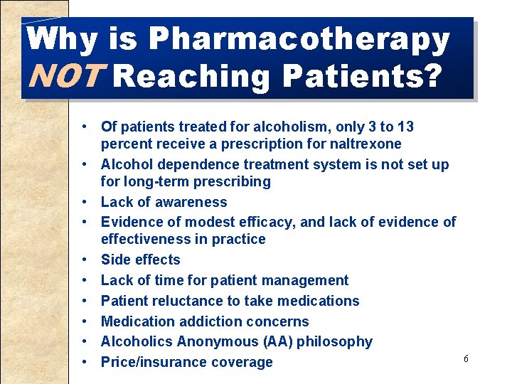 Why is Pharmacotherapy NOT Reaching Patients? • Of patients treated for alcoholism, only 3