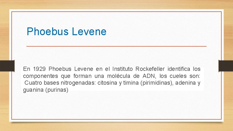 Phoebus Levene En 1929 Phoebus Levene en el Instituto Rockefeller identifica los componentes que