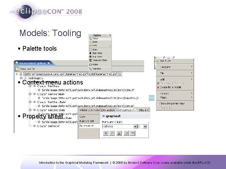 Models: Tooling § Palette tools § Context menu actions § Property sheet Introduction to