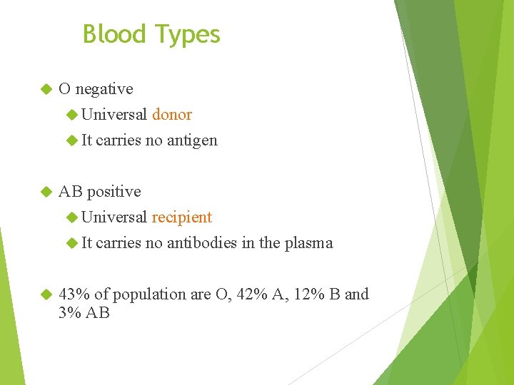 Blood Types O negative Universal donor It carries no antigen AB positive Universal recipient