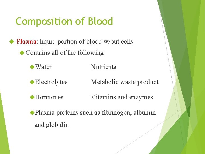 Composition of Blood Plasma: liquid portion of blood w/out cells Contains all of the