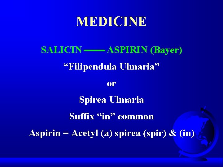 MEDICINE SALICIN ASPIRIN (Bayer) “Filipendula Ulmaria” or Spirea Ulmaria Suffix “in” common Aspirin =