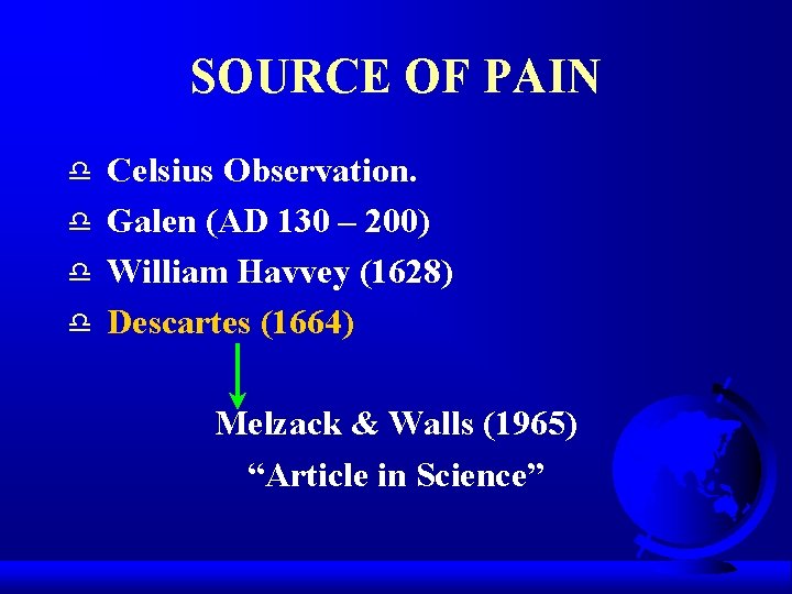 SOURCE OF PAIN d d Celsius Observation. Galen (AD 130 – 200) William Havvey