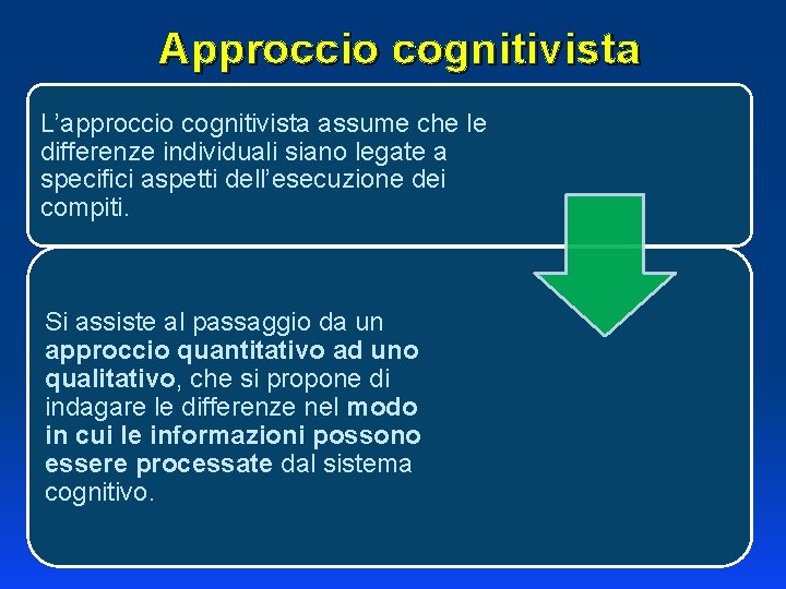 Approccio cognitivista L’approccio cognitivista assume che le differenze individuali siano legate a specifici aspetti