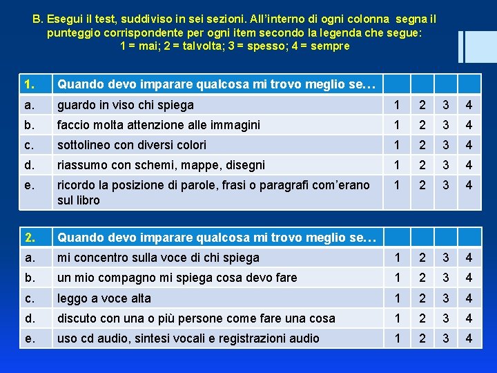 B. Esegui il test, suddiviso in sei sezioni. All’interno di ogni colonna segna il