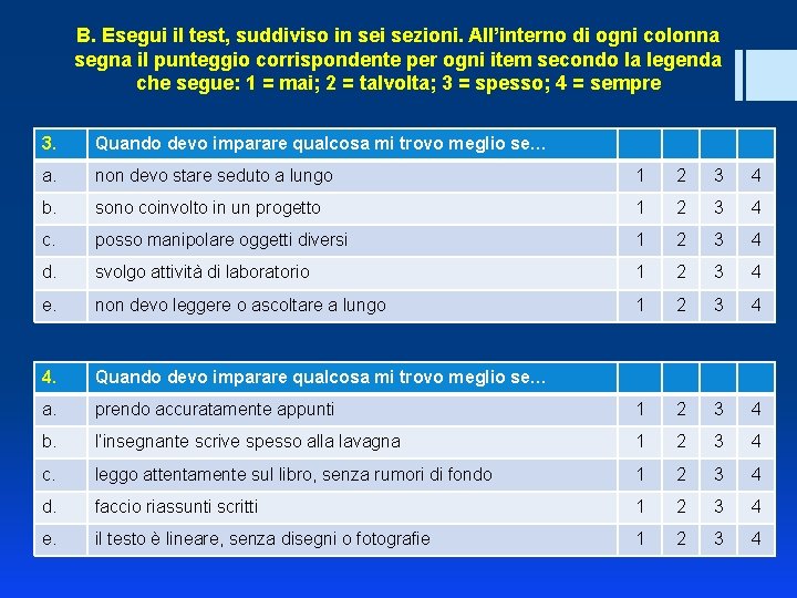 B. Esegui il test, suddiviso in sei sezioni. All’interno di ogni colonna segna il