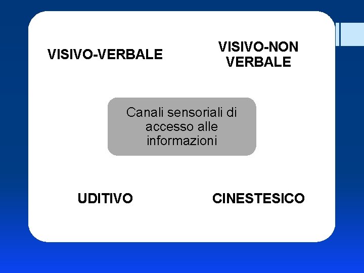 VISIVO-VERBALE VISIVO-NON VERBALE Canali sensoriali di accesso alle informazioni UDITIVO CINESTESICO 