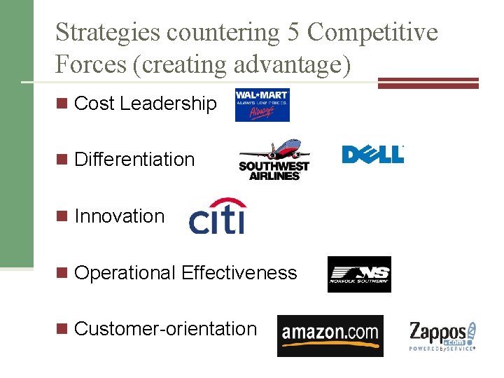 Strategies countering 5 Competitive Forces (creating advantage) n Cost Leadership n Differentiation n Innovation Strategies countering 5 Competitive Forces (creating advantage) n Cost Leadership n Differentiation n Innovation