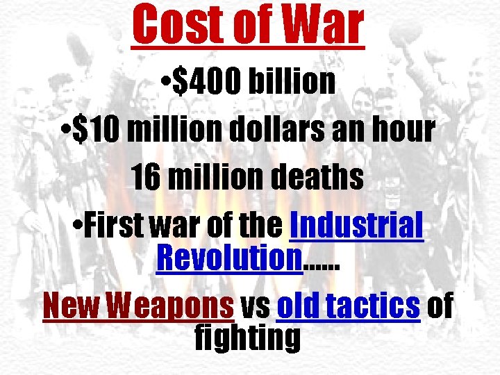 Cost of War • $400 billion • $10 million dollars an hour 16 million