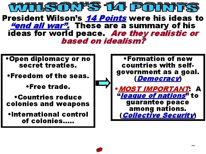 President Wilson’s 14 Points were his ideas to “end all war”. These are a