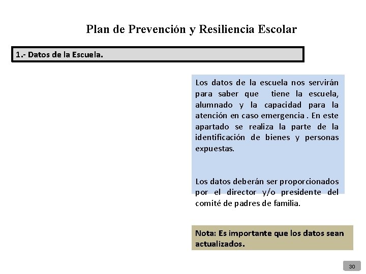 Plan de Prevención y Resiliencia Escolar 1. - Datos de la Escuela. Los datos