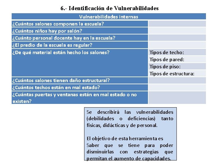 6. - Identificación de Vulnerabilidades internas ¿Cuántos salones componen la escuela? ¿Cuántos niños hay