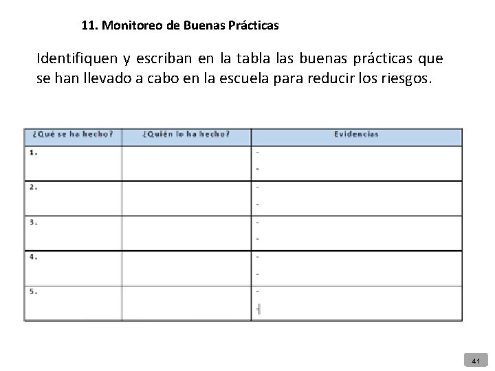11. Monitoreo de Buenas Prácticas Identifiquen y escriban en la tabla las buenas prácticas