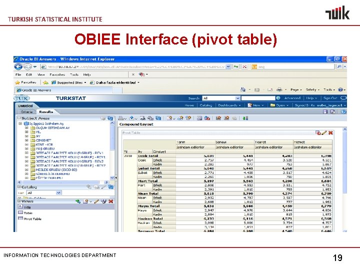TURKISH STATISTICAL INSTITUTE OBIEE Interface (pivot table) INFORMATION TECHNOLOGIES DEPARTMENT 19 