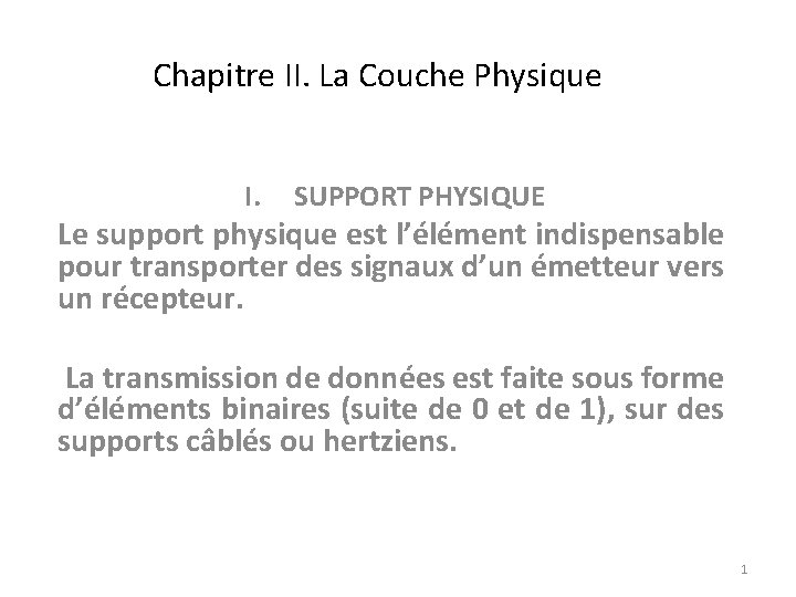  Chapitre II. La Couche Physique I. SUPPORT PHYSIQUE Le support physique est l’élément