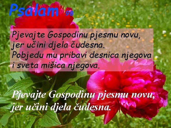 Psalam 98 Pjevajte Gospodinu pjesmu novu, jer učini djela čudesna. Pobjedu mu pribavi desnica