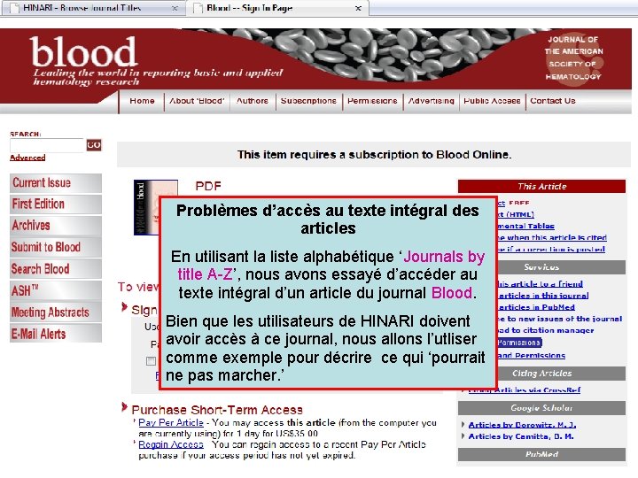 Problèmes d’accès au texte intégral des articles En utilisant la liste alphabétique ‘Journals by