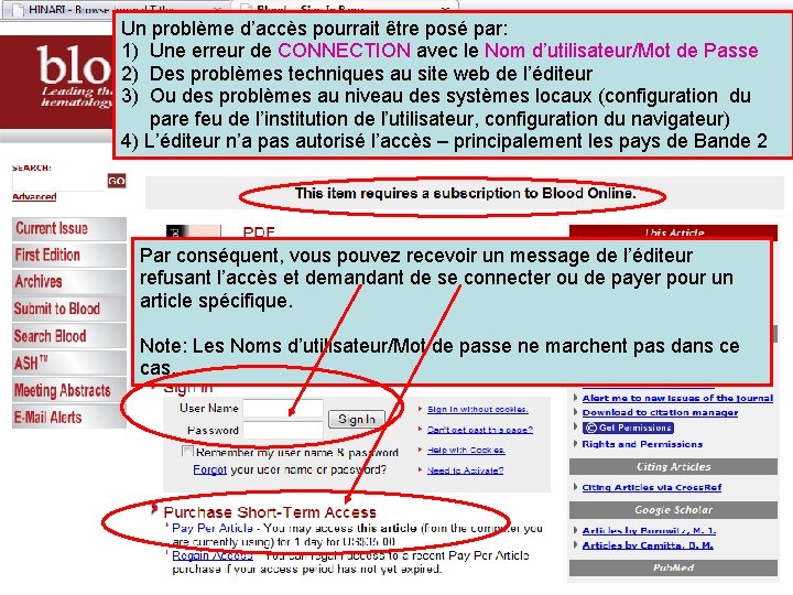 Un problème d’accès pourrait être posé par: 1) Une erreur de CONNECTION avec le