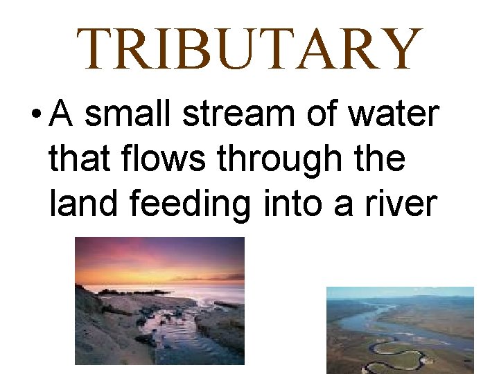 TRIBUTARY • A small stream of water that flows through the land feeding into