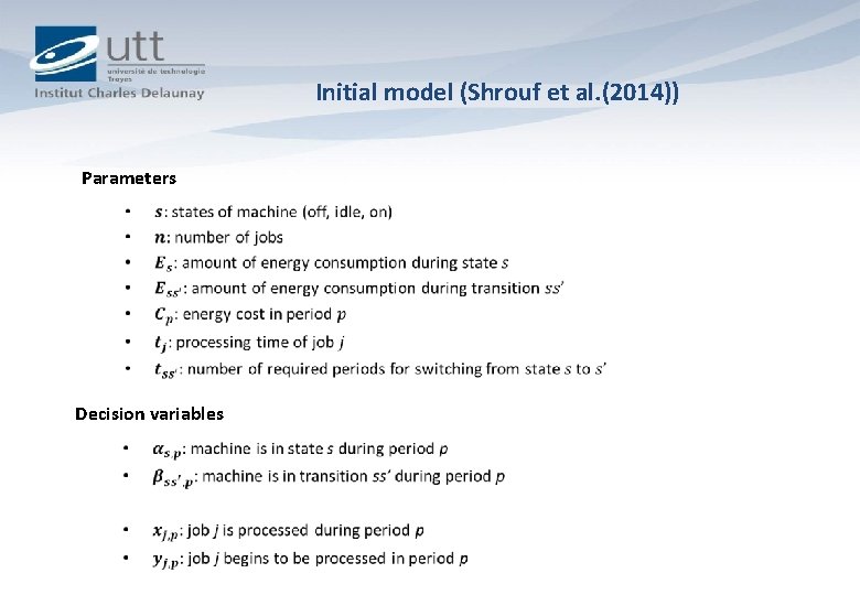 Initial model (Shrouf et al. (2014)) Parameters Decision variables 