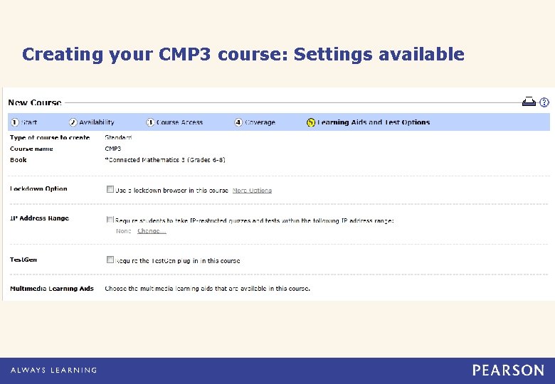 Creating your CMP 3 course: Settings available 