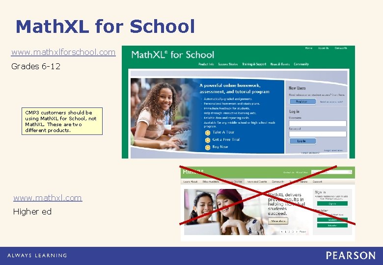 Math. XL for School www. mathxlforschool. com Grades 6 -12 CMP 3 customers should