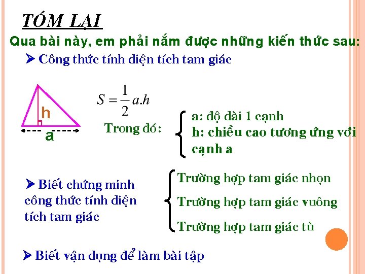 TOÙM LAÏI Qua baøi naøy, em phaûi naém ñöôïc nhöõng kieán thöùc sau: Coâng