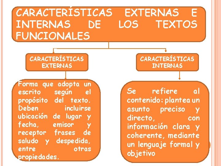 CARACTERÍSTICAS EXTERNAS E INTERNAS DE LOS TEXTOS FUNCIONALES CARACTERÍSTICAS EXTERNAS Forma que adopta un