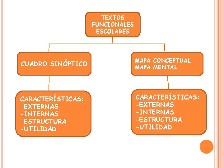 TEXTOS FUNCIONALES ESCOLARES CUADRO SINÓPTICO MAPA CONCEPTUAL MAPA MENTAL CARACTERÍSTICAS: -EXTERNAS -INTERNAS -ESTRUCTURA -UTILIDAD