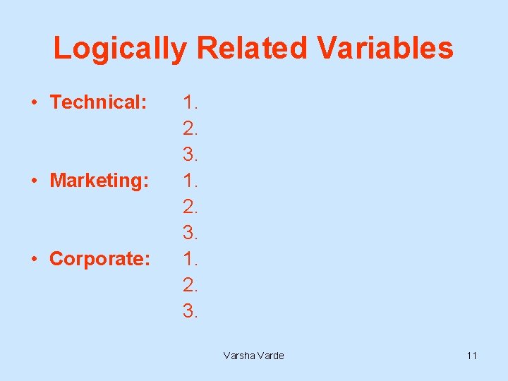 Logically Related Variables • Technical: • Marketing: • Corporate: 1. 2. 3. Varsha Varde