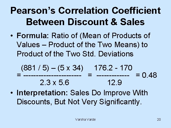 Pearson’s Correlation Coefficient Between Discount & Sales • Formula: Ratio of (Mean of Products