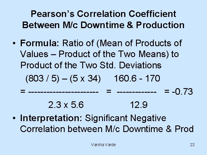 Pearson’s Correlation Coefficient Between M/c Downtime & Production • Formula: Ratio of (Mean of
