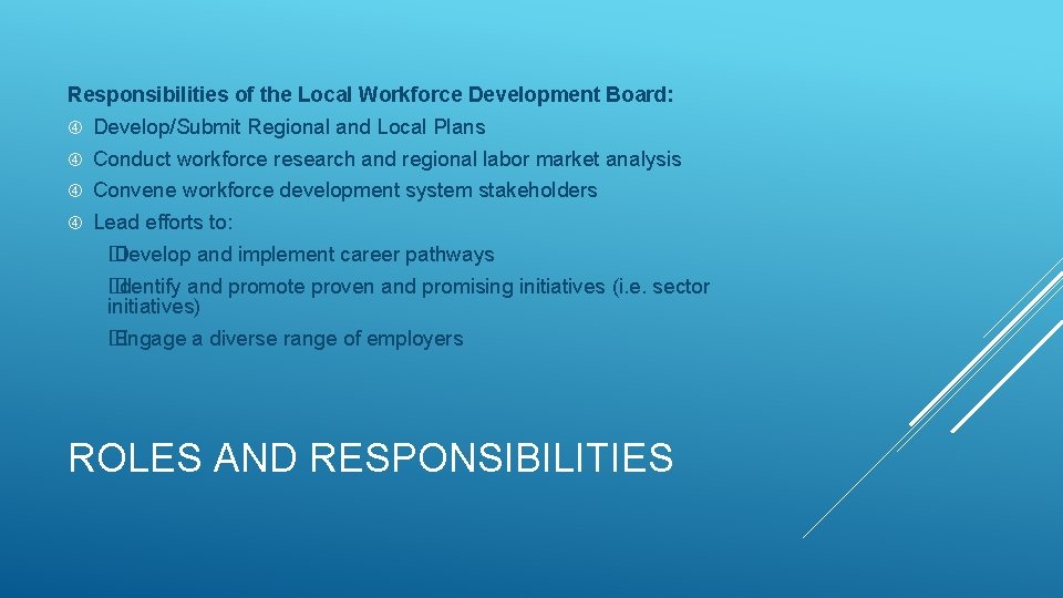 Responsibilities of the Local Workforce Development Board: Develop/Submit Regional and Local Plans Conduct workforce