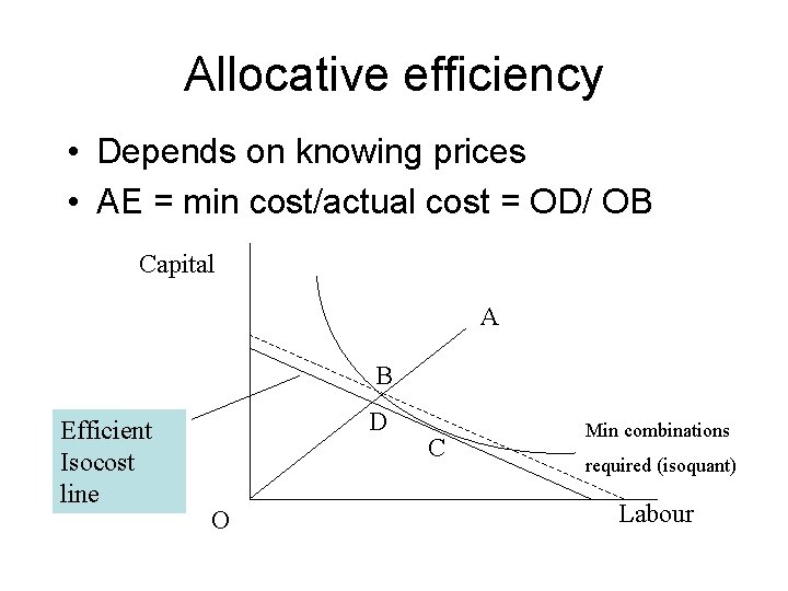 Allocative efficiency • Depends on knowing prices • AE = min cost/actual cost =