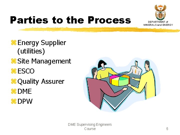 Parties to the Process DEPARTMENT of MINERALS and ENERGY z Energy Supplier (utilities) z Parties to the Process DEPARTMENT of MINERALS and ENERGY z Energy Supplier (utilities) z