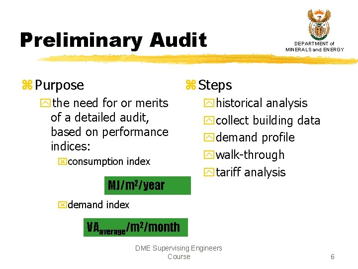 Preliminary Audit z Purpose DEPARTMENT of MINERALS and ENERGY z Steps ythe need for Preliminary Audit z Purpose DEPARTMENT of MINERALS and ENERGY z Steps ythe need for