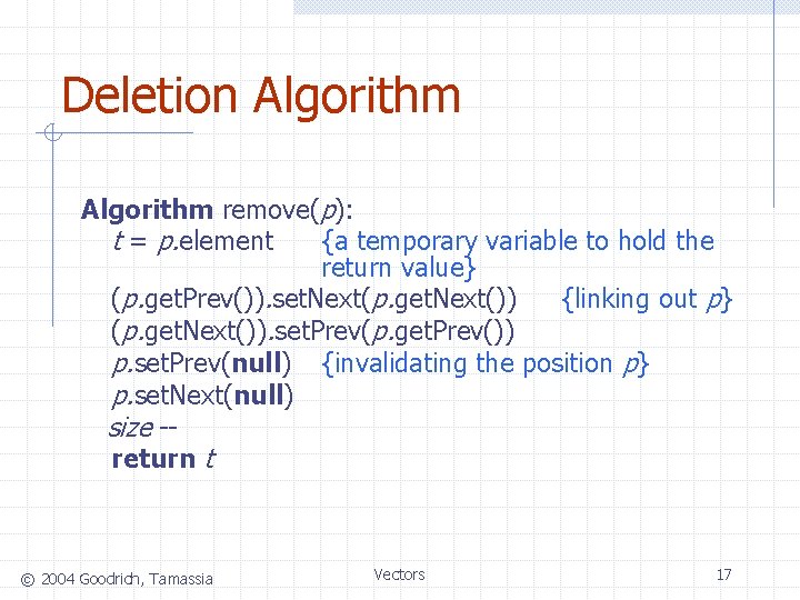 Deletion Algorithm remove(p): t = p. element {a temporary variable to hold the return