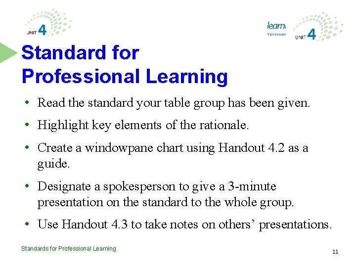 Standard for Professional Learning • Read the standard your table group has been given.