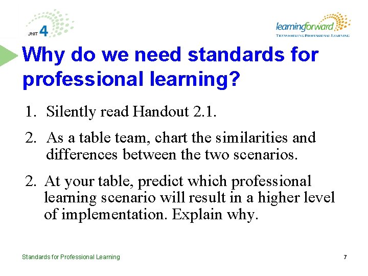 Why do we need standards for professional learning? 1. Silently read Handout 2. 1.