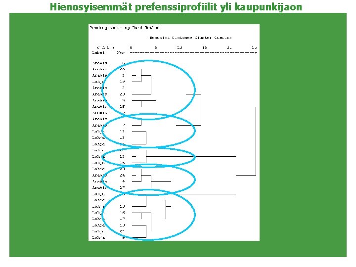 Hienosyisemmät prefenssiprofiilit yli kaupunkijaon • Hierarkinen klusterinalyysi 