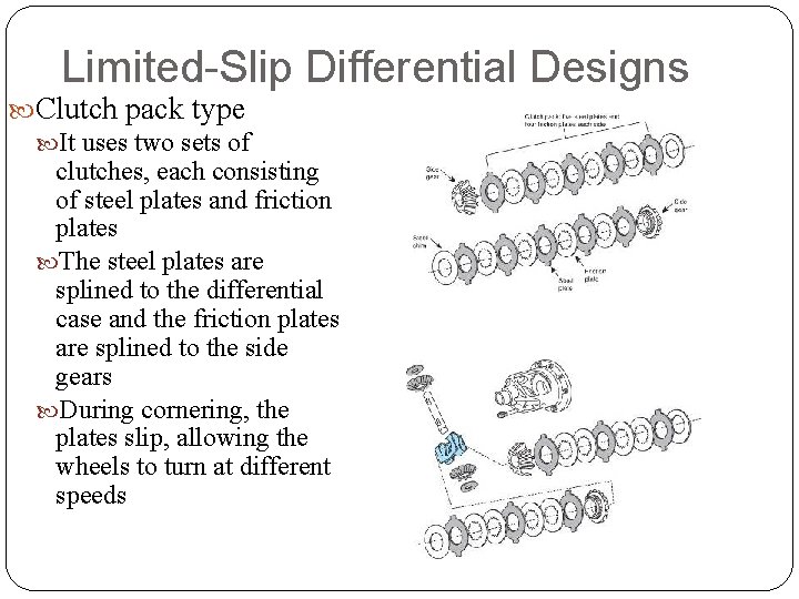 Limited-Slip Differential Designs Clutch pack type It uses two sets of clutches, each consisting