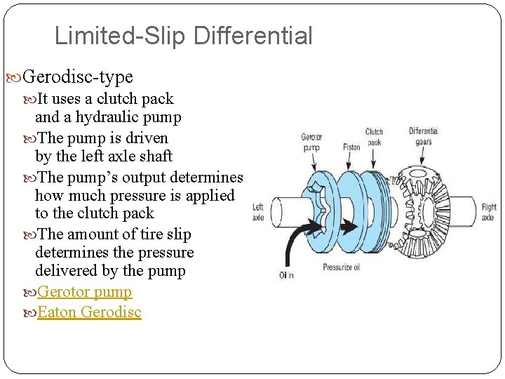 Limited-Slip Differential Gerodisc-type It uses a clutch pack and a hydraulic pump The pump