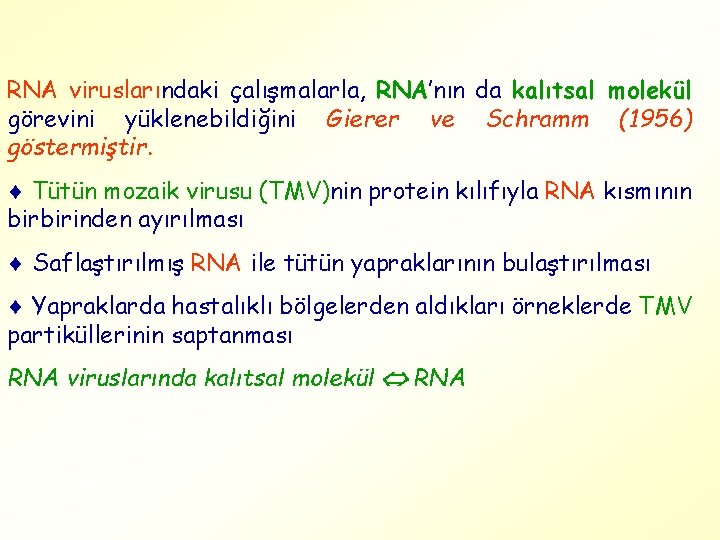 RNA viruslarındaki çalışmalarla, RNA’nın da kalıtsal molekül görevini yüklenebildiğini Gierer ve Schramm (1956) göstermiştir.