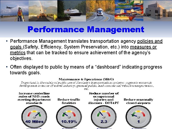 Performance Management • Performance Management translates transportation agency policies and goals (Safety, Efficiency, System