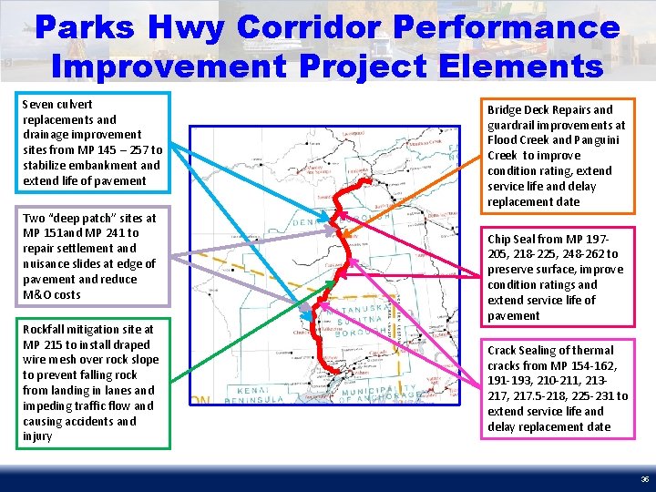 Parks Hwy Corridor Performance Improvement Project Elements Seven culvert replacements and drainage improvement sites