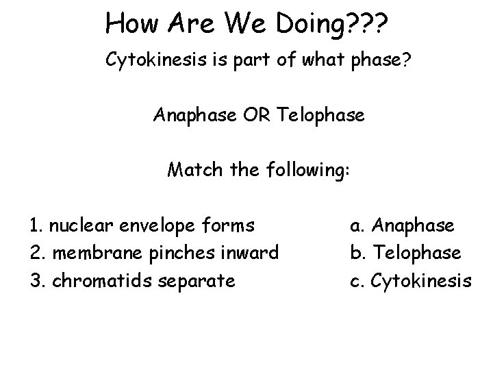 How Are We Doing? ? ? Cytokinesis is part of what phase? Anaphase OR