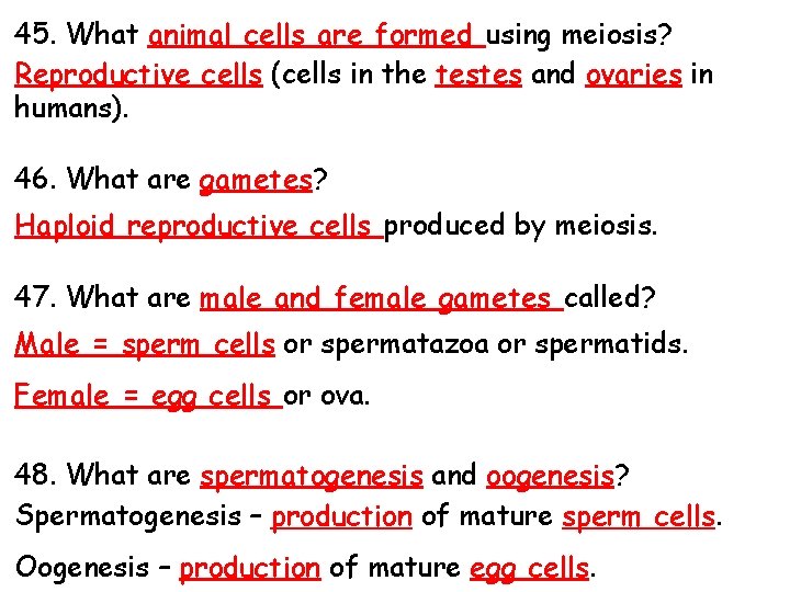 45. What animal cells are formed using meiosis? Reproductive cells (cells in the testes