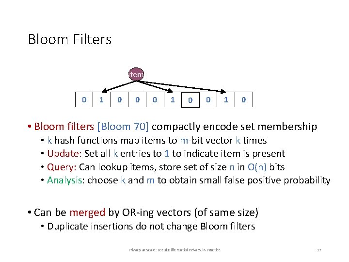 Bloom Filters item 0 1 0 • Bloom filters [Bloom 70] compactly encode set